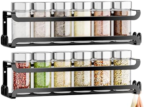 LUCYCAZ 2 Pack Wall Mounted Spice Rack for Spice Jars & Seasonings (Black)