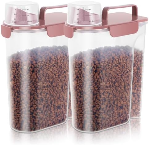 LEAWALK 5Lbs Airtight Pet Storage Container For Cat Dog Bird Food and Keep Fresh, Translucent Body, Upgraded Large Nozzle for Easy Pouring With Handle Design Easy to Carry When Going Rose pink 2pack
