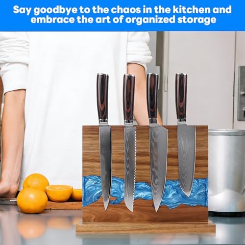 Magnetic Knife Block | Double Sided Magnetic Knife Holder | Acacia Wood Magnetic Knife Rack | Magnetic Knife Storage Stand for Kitchen Counter, Blue Resin River, 12.59×9.84IN (No Knife)