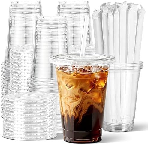Ginkgo 50 Pack 16 oz Clear Plastic Cups with Lids and Straws