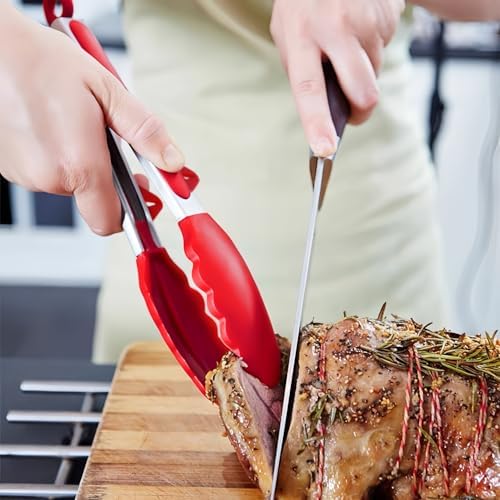 9" Kitchen Tongs for cooking with Silicone Tips, 3Pcs Serving Tongs, Red