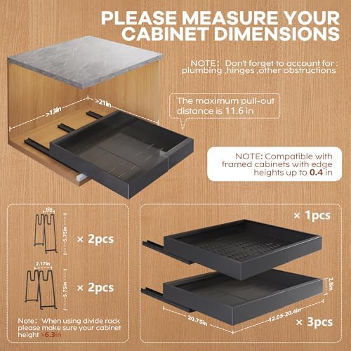 Seinloes 4 Pack Expandable Pull Out Cabinet Organizer 21"Deep With Raising Pad for Framed Cabinets,Slide Out Drawers With 4pcs Divider Racks,No Drill Roll Out Shelf,Adjustable Width 12.05"-20.4"Black