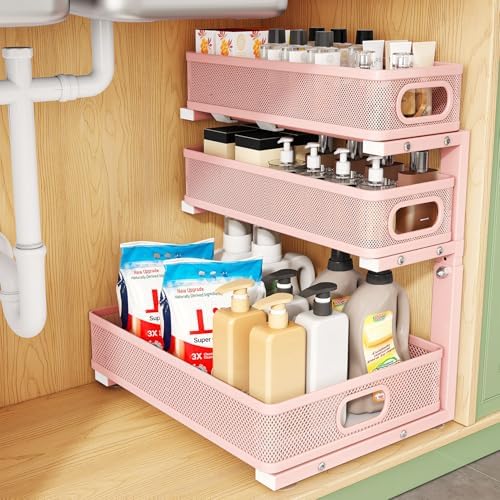Kitstorack Under Sink Organizer, 1-Pack 3-Tier Height Adjustable Thickened Metal Pull out Cabinet Organizer Shelf, Slide out Storage Drawer Rack for Bathroom Kitchen Pantry Home Organization, Pink