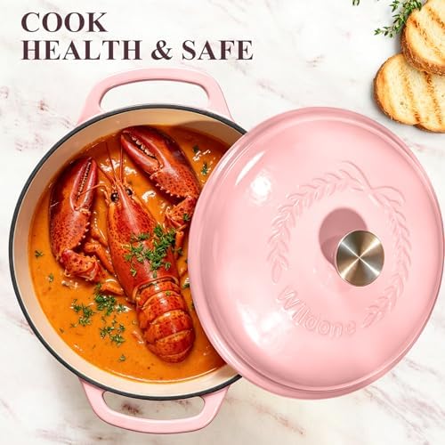 Wildone 6QT Enameled Cast Iron Dutch Oven Pot with Lid, Heavy-Duty Cookware for Bread Baking, Braising, Stews, Roasting, Wedding Registry Ideas & Gifts, Pink