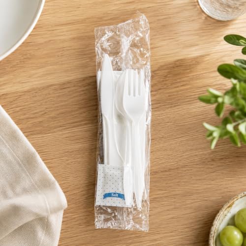 KitchenDine 100 Pack Medium Weight Wrapped white Plastic Cutlery Pack with Napkin and Salt/Pepper Packets (White)