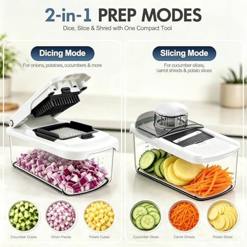 Ourokhome Food Chopper with Container, Manual Mandolin Vegetable Slicer Onion Dicer with 8 Blades, Hand Veggie Shredder for Potato, Tomato, Essential Kitchen Gadgets (8 in 1, White)