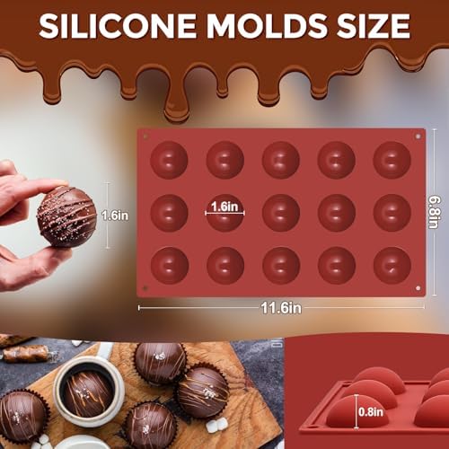 Semi Sphere Silicone Molds, Sphere Chocolate Mold 15-Cavity Small Half Sphere Round Silicone Molds for Making Jelly, Cake, Chocolates Bombs 2 Pack