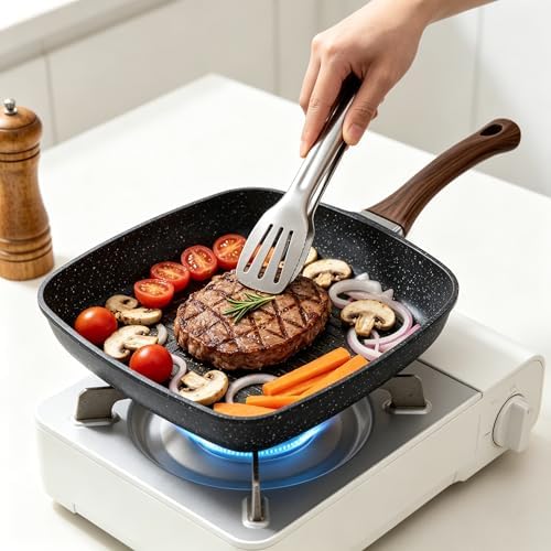 Nonstick 11 inch Square Grill Pan for Steak, Granite Coating for Gas Induction All Stovetops Compatible (9.5 X 9.5 X 1.7 inch)