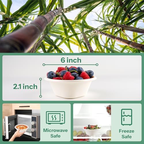 Homestockplus Disposable Bowls 16 Oz [50 Pack] - Heavy Duty Paper Bowls, Sugarcane Fiber Compostable Bowls for Ice Cream, Snacks, Desserts, Microwave Safe BPA-Free Eco Dinnerware (White)