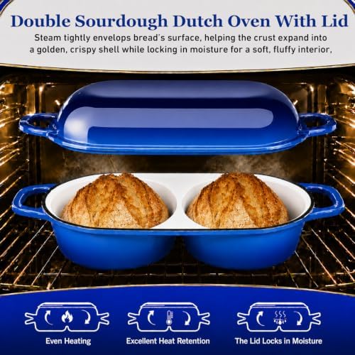 Double Dutch Oven for Sourdough Bread Baking,2.2QT Enameled Cast Iron Dutch Oven Pot with Lid,500°F Oven Safe Non Stick Bread Loaf Pan,Sourdough Baking Pan for Homemade Baking（blue）