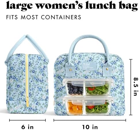 Fit & Fresh Bloomington Lunch Bag for Women - Insulated Large Lunch Box for Work with Containers, Leak-Resistant, Stain-Resistant, Zipper Closure, Ditsy Flowers Blue