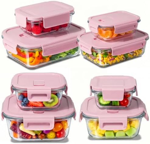 8 Pack Glass Food Storage Containers with Lids(Pink)