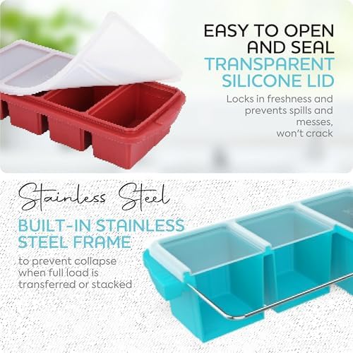 XOMOO Silicone Freezer Tray With Lid - Soup Freezer Container molds - Large Ice Cube Tray- makes 8 perfect 1 cup portions cubes, 2-Pack Freezer Storage Food Soups & Meal Prep - Oven & Dishwasher -Safe