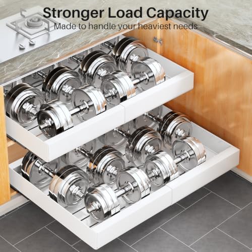 Pull out Cabinet Organizer, 2-pack, Expandable(18"-30") Heavy Duty Slide out Drawers Fixed with Adhesive Nano Film for Pots, Roll out Shelf Storage for Kitchen Base Cabinet Organization(3 Rails)