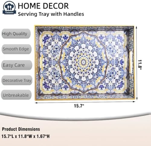 Blue Decorative Tray, Serving Tray with Handles, Plastic Large Tray for Coffee Table, Living Room, Decor, 15.7”*11.8”*1.6"