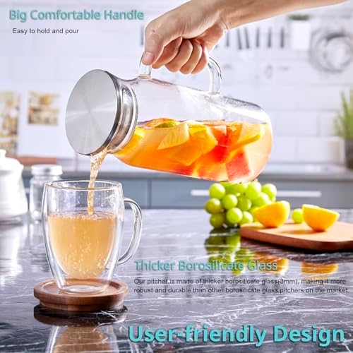 Bivvclaz 1.2 Liter 40 oz Small Glass Pitcher with Lid and Handle, Glass Carafe for Hot/Cold Water, Iced Tea Jug for Coffee, Juice and Homemade Beverage (Pack of 2)