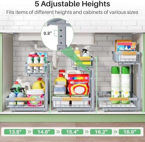 Kitstorack Under Sink Organizer, 2 Tier Under the Sink Storage, Slide out Pull out Cabinet Organizer Shelf, Metal Sliding Drawer for Kitchen Bathroom Pantry Closet Organization Rack, Grey, 2 Pack