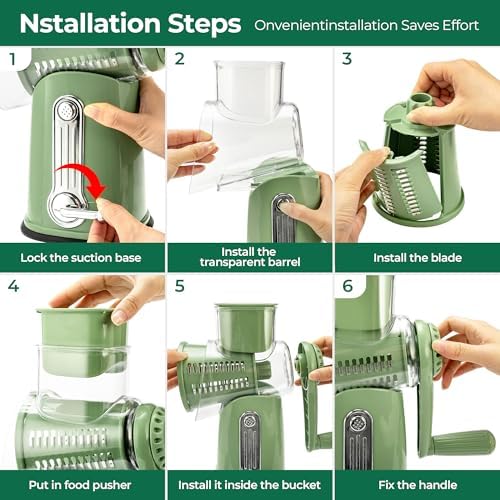 SUSTEAS Rotary Cheese Grater, Large Vegetable Food Shredder, 5 Blades