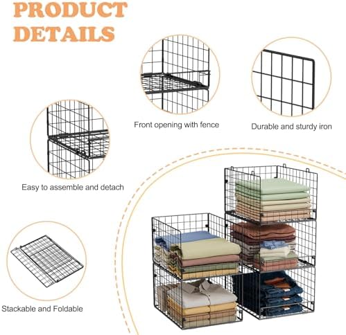 5-Tier Stackable Closet Storage Baskets, Closet Organizers and Storage Shelves, Foldable & Stackable Clothes Storage Bins for Closet System, Closet Shelf Organizer for Home,Black(Patent No. 30022416)