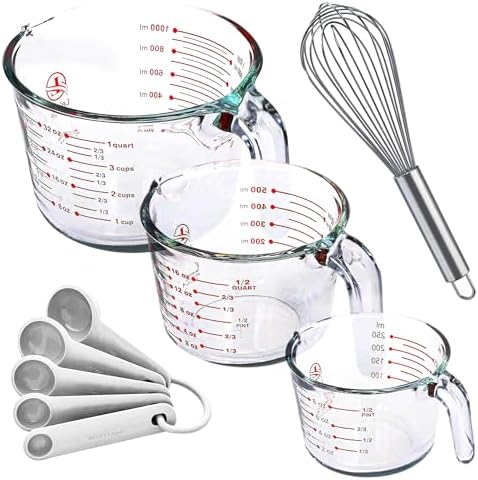 Le'raze Set of 3 Glass Measuring Cups with Measuring Spoons & Whisk - Kitchen Mixing Bowl Liquid Measure Cup, Glass Bakeware. 1 cup, 2 cup, 4 cup., Multi Size, Clear