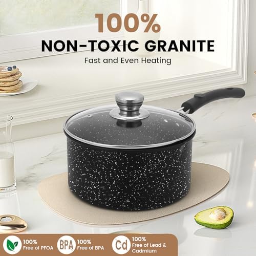 Nonstick Saucepan with Lid, 1QT & 1.5QT & 2QT Small Milk Pots Set with Healthy Teflon Coating, Multipurpose Induction Compatible Cooking Pans Kitchen Cookware Set