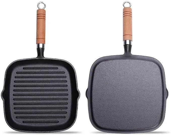 9 Inch Nonstick Grill Pan for Stove Tops, Versatile Uncoated Non-stick Surface Pan, Cast Iron Steak Pot, Indoor & Outdoor Grilling, Free Clips and Oil Brushes