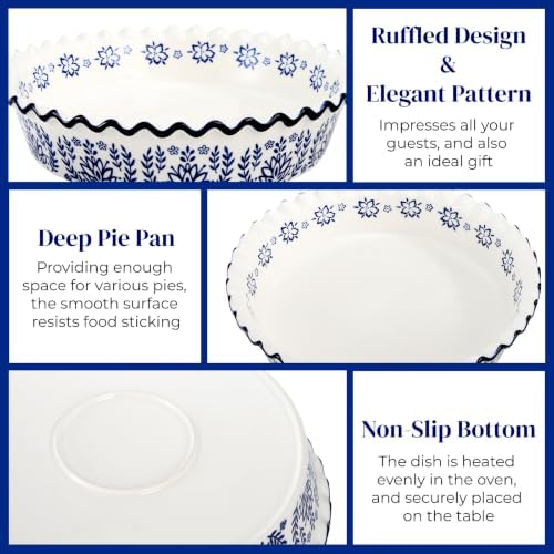 SOUJOY 2 Pack Ceramic Pie Pans for Baking, 10 Inch Pie Plates with Ruffled Edges, Deep Round Baking Dishes, Non-Stick Bakeware for Quiches Tarts Casseroles, Oven Microwave & Dishwasher Safe
