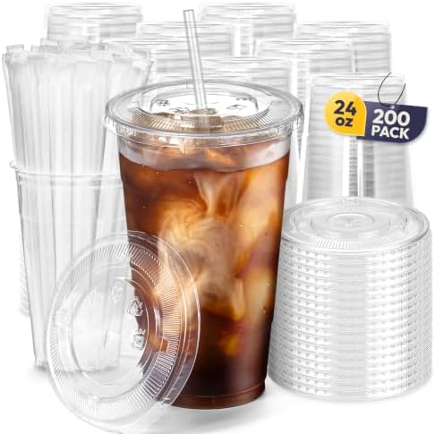 Fit Meal Prep 200 Pack 24 oz Plastic Iced Coffee Cups with Flat Lids and Clear Straws, Disposable Clear Cup, BPA Free Cup for Party, Smoothie, Cold Drinks, Juice, Milkshake, Bubble Boba, Tea