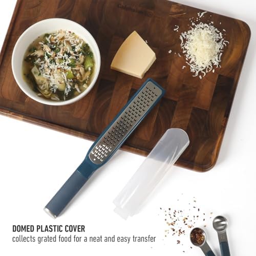 Calphalon Edge Stainless Steel Handheld Grater Lemon Zester W/Cover & Rubber Handle - Navy Blue