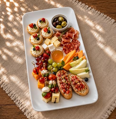 White Serving Platters Set of 2, Large Rectangular Ceramic Serving Trays 15.5 Inch, Serving Dishes for Party, Entertaining, BBQ, Steak, Appetizers and Food Display
