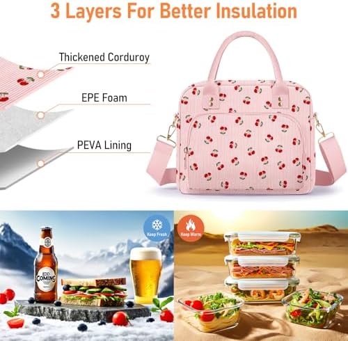 Lunch Bag Large Insulated Lunch Box for Women Adult Cute Pink Strawberry Lunchbox Corduroy Lunch Bags Boxes Pail with Shoulder Strap for Work Mom Picnic Office Travel 11.4×6.8×9.1 inches 11.5L