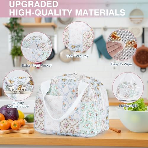 TESAFNG Lunch Bag - Insulated Lunch Box for Women, Reusable Large Capacity Cooler Bag for Adult, Small Leakproof Cute Corduroy Lunch Tote for Work Office Travel Picnic (Bee Floral)