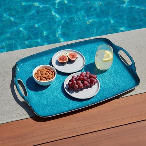 TP Melamine Serving Trays with Handles, 17” x 12”, Set of 2, Retro Teal