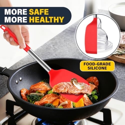 2 Pack Silicone Spatula Set, Solid & Slotted Turner for Non-Stick Pans, High Heat Resistant Silicone Spatula for Cooking, BPA-Free Stainless Steel Cooking Utensils for Fish, Eggs, Pancakes, Red
