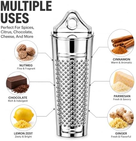 HIC Kitchen Nutmeg Grater, Stainless Steel, Grates Nutmeg, Cinnamon Sticks, Block Chocolate, Ginger, and Hard Cheeses