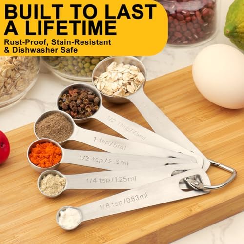 Stainless Steel Measuring Spoons Set, 6 Piece Metal Measuring Spoon Set for Dry & Liquid Ingredients, Heavy Duty 18/8 Steel with Engraved US & Metric Marks, Nesting Kitchen Spoons for Cooking Baking