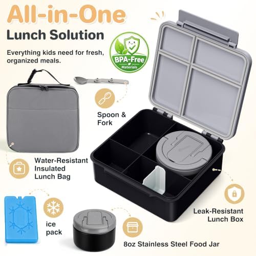 Bento Lunch Box with 8oz Soup Thermo,Kids Leakproof 4 Compartment Lunch Food Containers with Sauce Cup and Ice Pack,Kids Thermo Insulated Hot Food Jar and Lunch Bag for School,Trvael-Black
