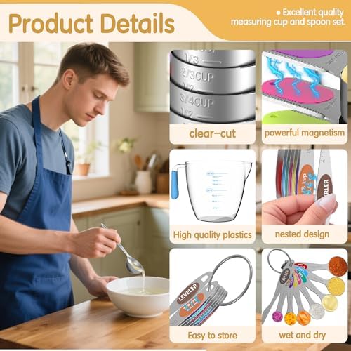 Measuring Cups and Spoons Set, 5 Stainless Steel Measuring Cups, 3 Plastic Measuring Cup, 7 Measuring Spoons, 1 Leveler, 1 Measuring Conversion Chart for Cooking & Baking