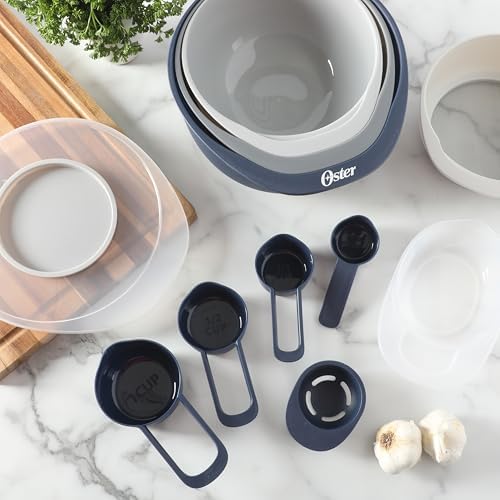 Oster 12 Piece Nesting Mixing Bowl Set, 3 Bowls with Lids & 6 Measuring Cups, Non-Slip Bases, Pour Spouts, Space-Saving Kitchen Prep Set, Dishwasher Safe