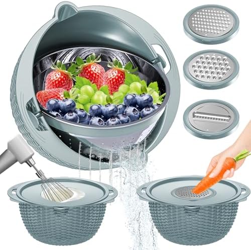 4-1 Colander with Bowl Set - Strainers for Kitchen(Patented), Food Strainers and Colanders, Pasta Strainer with New Upgraded Graters for Fruit, Veggie Washing, Aesthetic Cooking Present - Blue