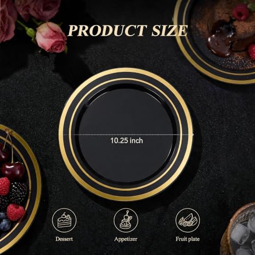 BESTSTAR 100PCS 10.25 Inch Black and Gold Plastic Plates