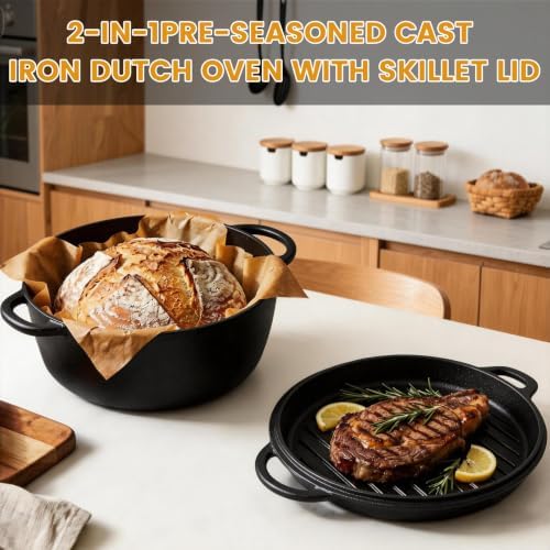 5QT Cast Iron Dutch Oven with Skillet Lid, 2-in-1 Cookware Set
