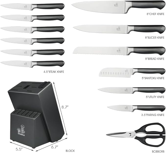 15-Piece Kitchen Knife Set with Block, Ultra-Sharp Full-Tang Stainless Steel Knives, Built-in Sharpener, Dishwasher Safe, Non-Slip Ergonomic Handle, Modern Gray, Gift Box
