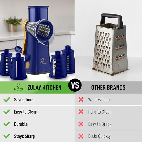 Rotary Cheese Grater Manual Hand Crank 5 Blade Shredder, Blue & Gold