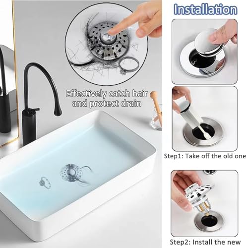 AzWzz Bathroom Sink Stopper with Hair Catcher, Pop Up Sink Drain Strainer