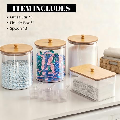 HomePekite Glass Laundry Pods Storage Container & Acrylic Dryer Sheet Holder, Laundry Room Organization and Storage, Detergent Powder Container, with Wooden Lids & Labels, 3+1 Pack