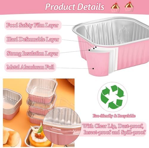 selizo 60 Pack 5oz Mini Disposable Cake Pans with Lids, Aluminum Foil Square Baking Cups, 3.5x3.5 Small Baking Cake Tins Cup Cake Containers with Lids for Individual Cakes