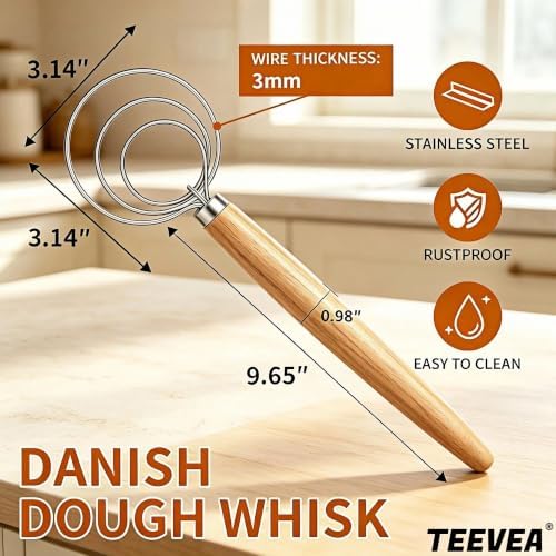 TEEVEA Danish Dough Whisk Wooden Handle Stainless Steel for Sourdough Bread