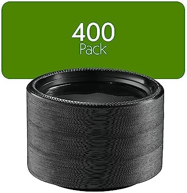 PLASTICPRO 400 PCS Black Plastic Plates Light Weight 9 Inch Plastic Dinner Plate Black Plates Disposable for Party and Wedding