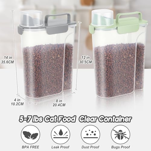 LEAWALK Cat Dog Food Storage Container Upgraded Large Nozzle, BPA-Free 5Lbs/6Qt/5L Plastic Pet Food Storage Container With 4 Sealed Clasps and Handle, Easy to Clean and Carry-2 Pack Gray+Green